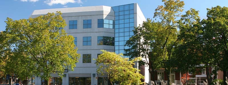 A building with trees in front of it