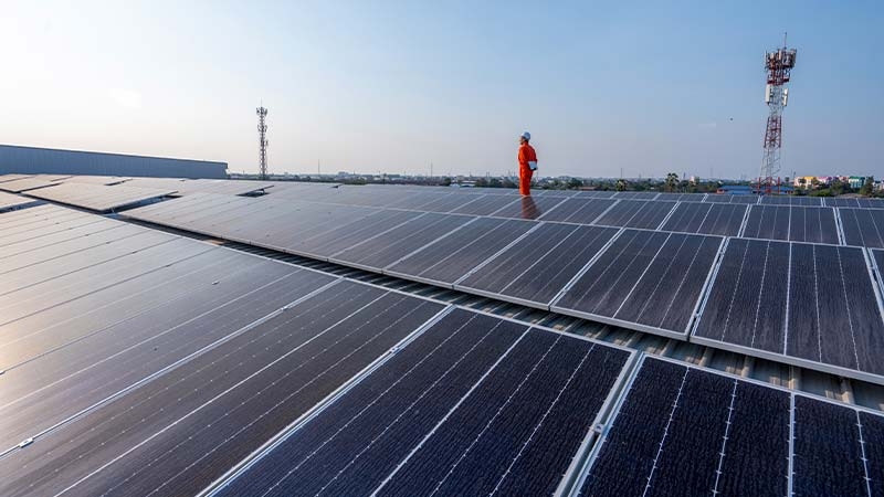 A person standing on a roof of solar panels