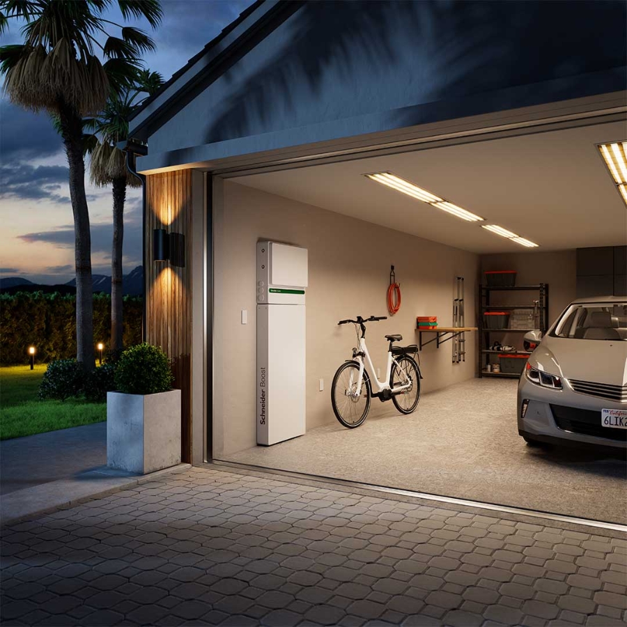 A car and a bicycle in a garage