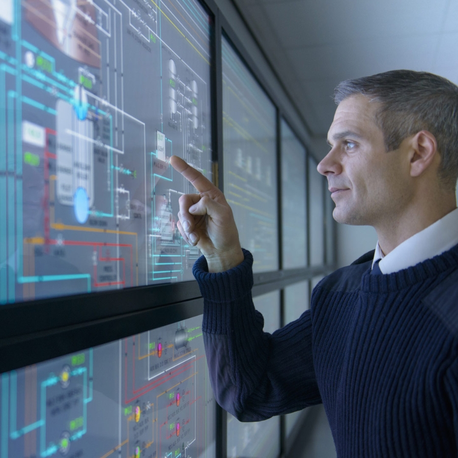 man touching computer screen