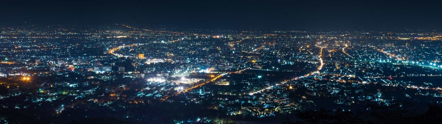 Wide angle view of a city during night