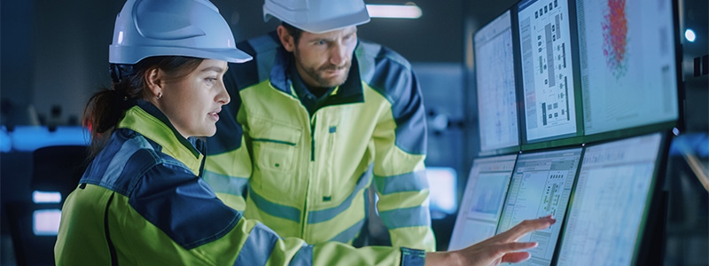 A man and woman in helmets and fluorescent jackets look at multiple computer screens displaying data.