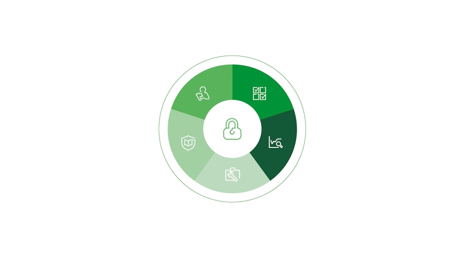 A green circular chart with icons