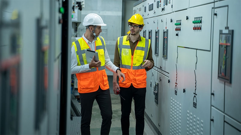 Engineer and technical worker working on the checking status switchgear electrical energy distribution substation at industry factory