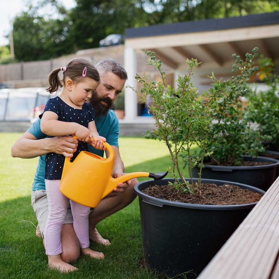 A person and a child watering plant