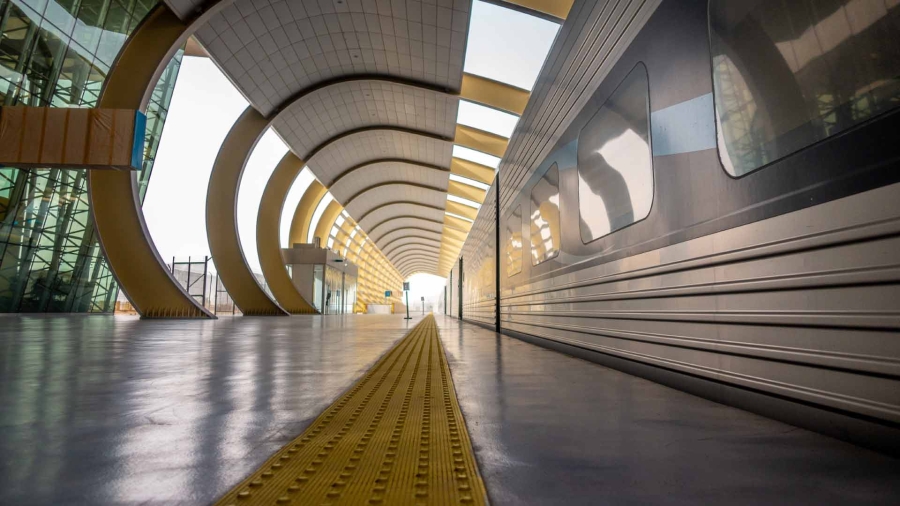 A walkway with a yellow line