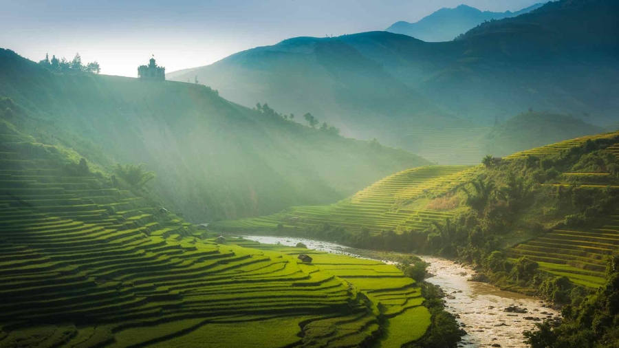 an aesthetic view of green mountains