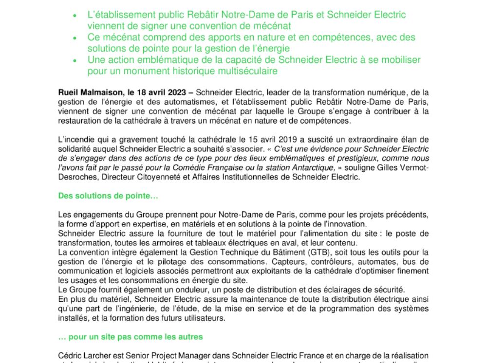 Schneider Electric contribue à la restauration de la cathédrale Notre Dame de Paris  (.pdf)