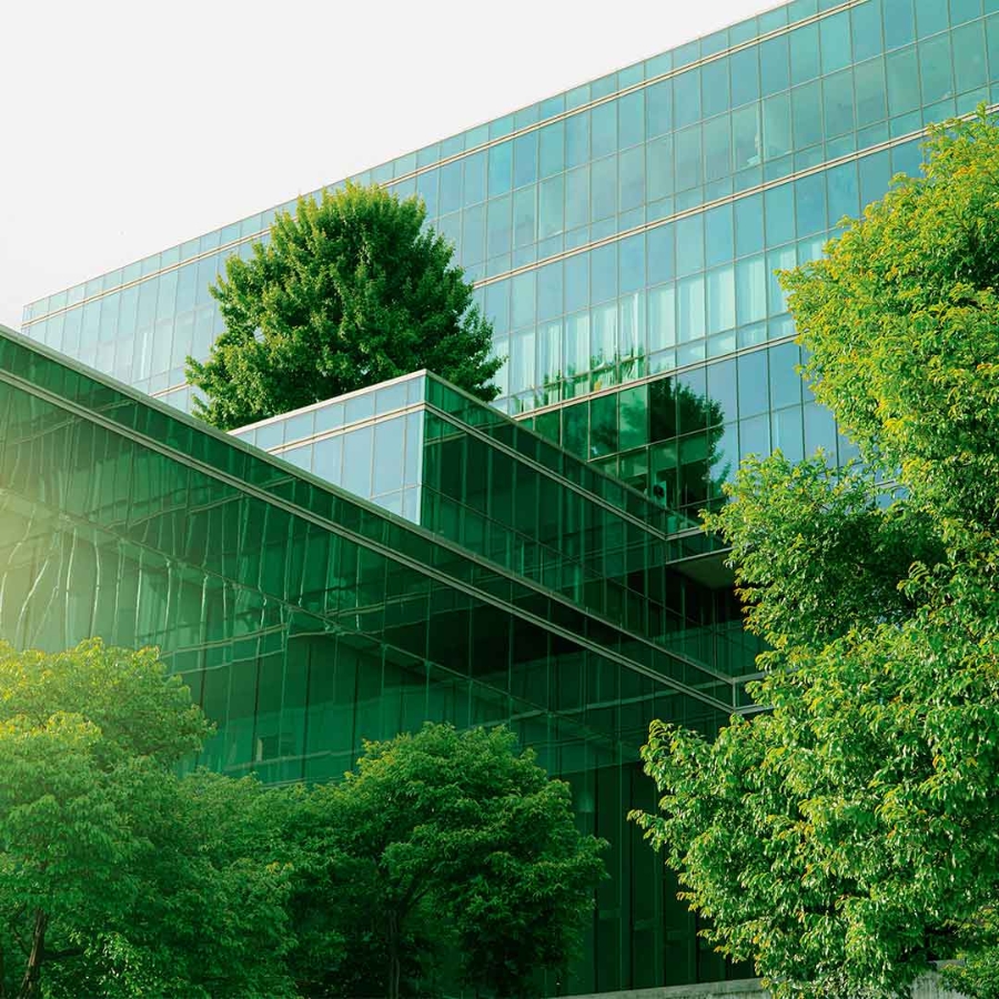A building with trees in the background