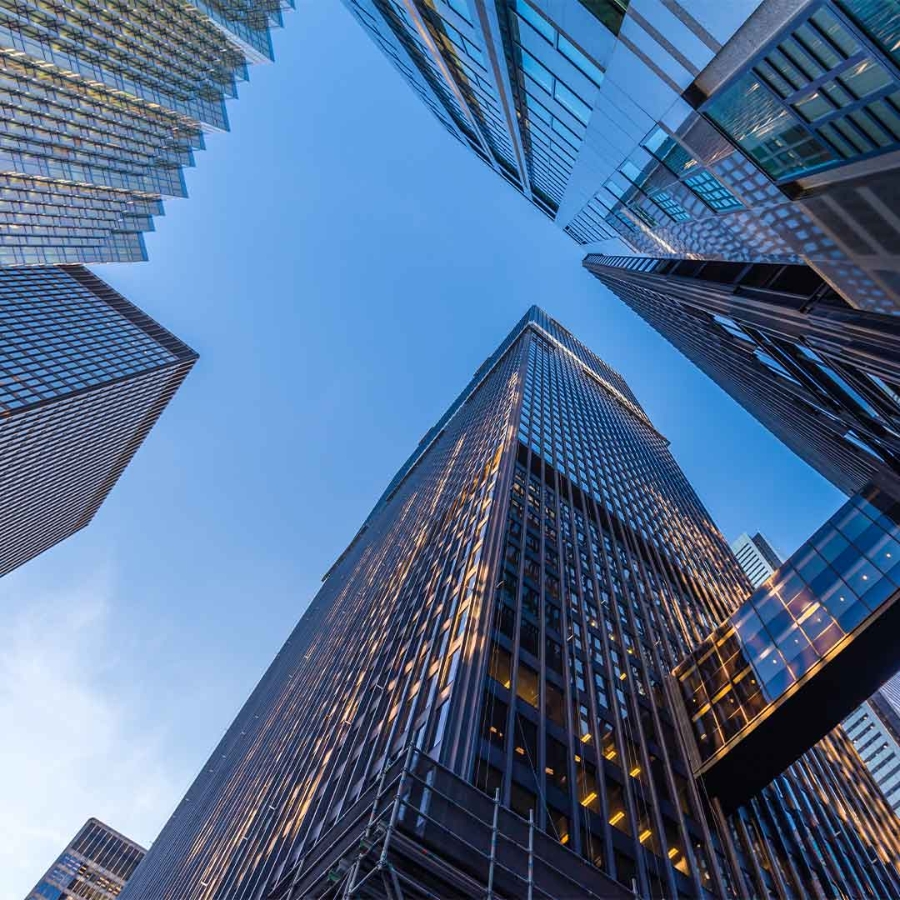 Looking up view of tall buildings