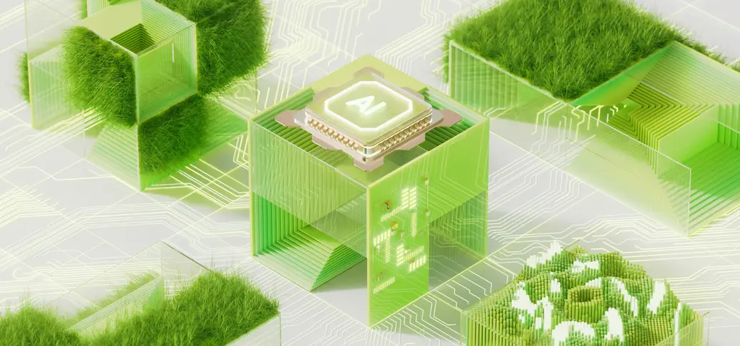 Digitally generated image of green glowing futuristic semiconductor, digital data flowing and ecosystem.