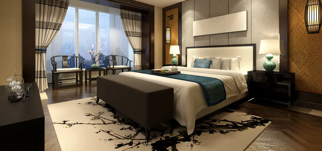 Chinese style designed bedroom interior scene