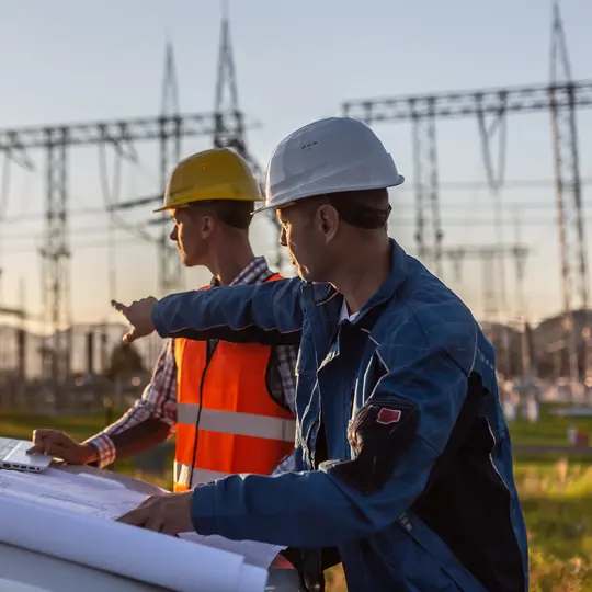 Two engineers working and driving energy transition