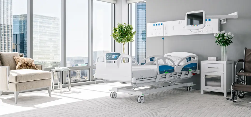 Interior of a modern luxury hospital room with city view