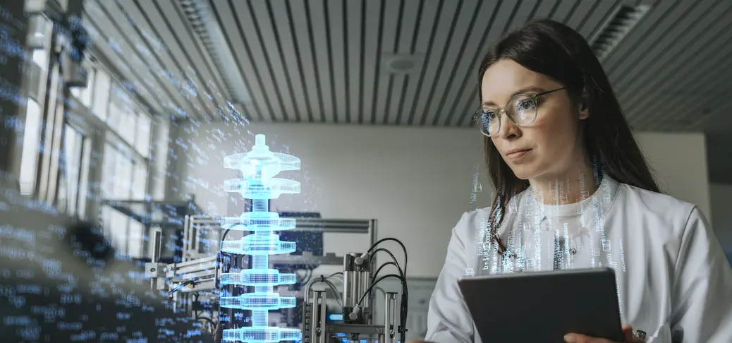 Female industrial automation expert with digital tablet examining the development of industrial product.