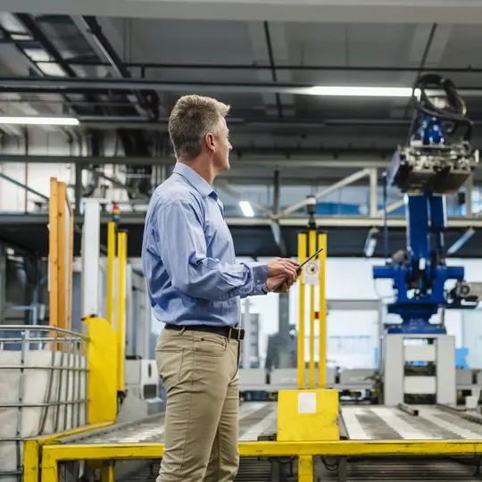 Male supervisor with digital tablet looking at manufacturing equipment in industry