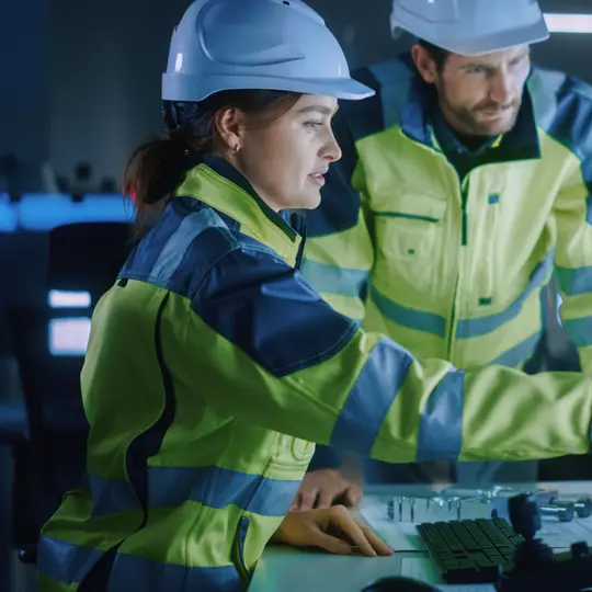 Workers in white helmets