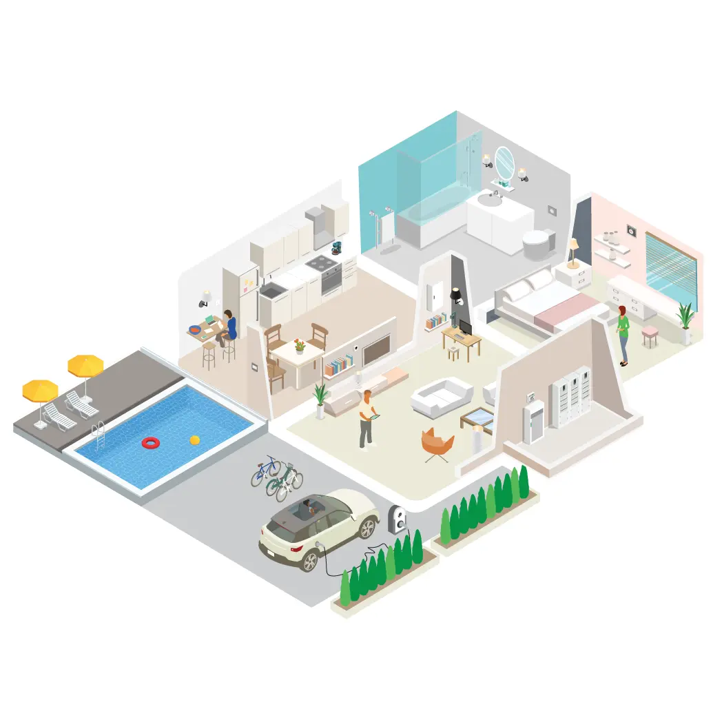 An isometric view of a home that uses home energy management solutions that help reduce energy consumption while maintaining comfort, addressing the customers' changing needs.​