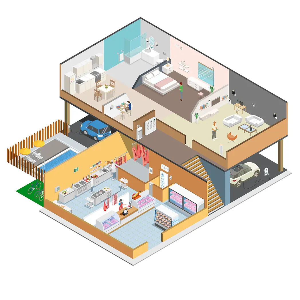 Una vista isométrica de un hogar que utiliza soluciones de gestión de energía del hogar, que ayudan a reducir el consumo de energía manteniendo la comodidad y abordando las necesidades de las familias