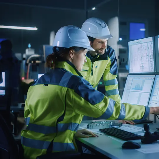 Industry 4.0 modern factory: project engineer talks to female operator who controls facility production line, uses computer with screens showing AI