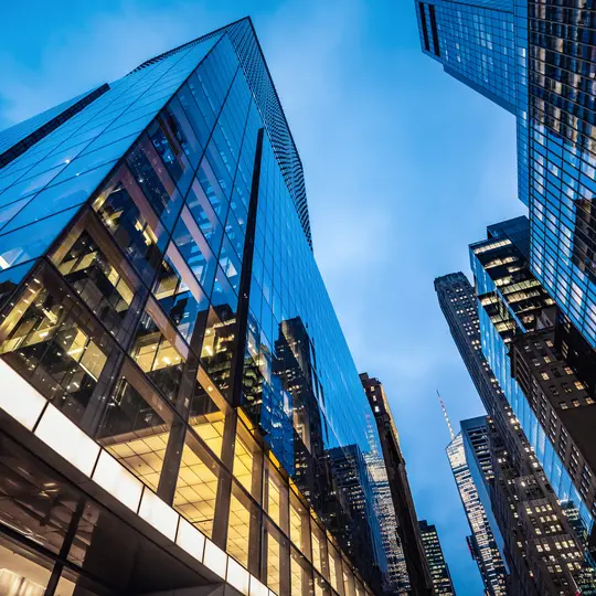 Night view of modern skyscrapers in Midtown Manhattan