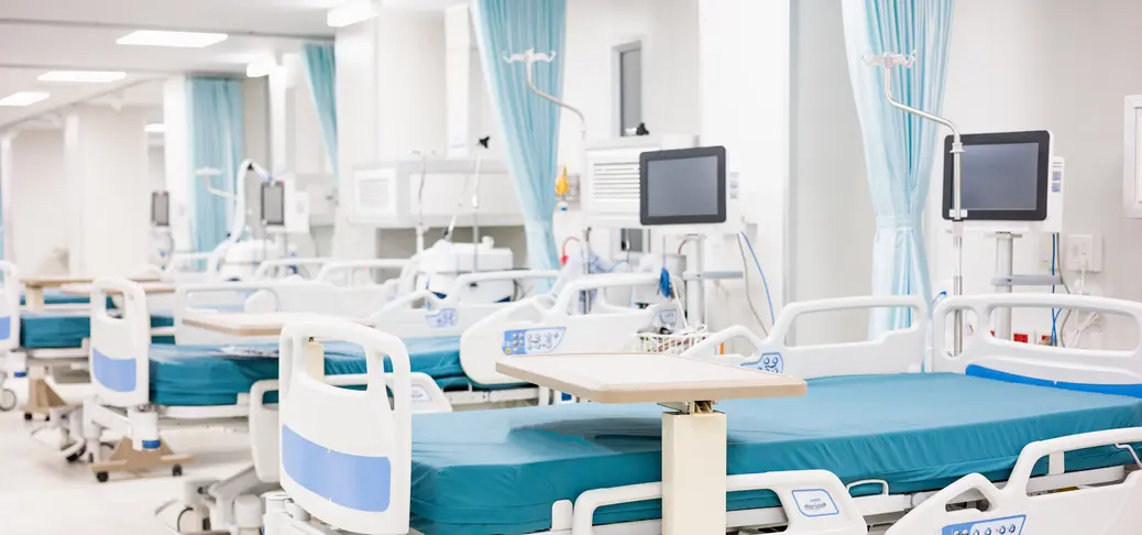 Modern hospital room with ventilator system in intensive care unit in covid pandemic situation