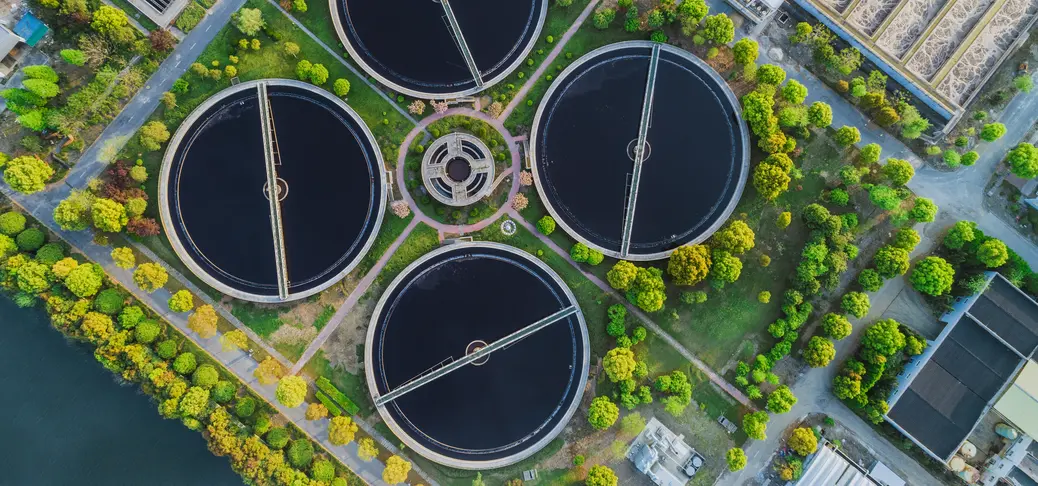 Bird aerial view of purification tanks.