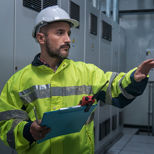 Engineer working on the checking status switch gear electrical energy distribution substation