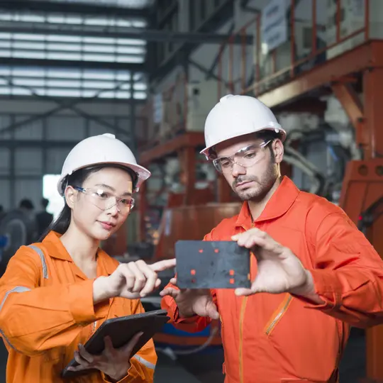 Smiling engineers standing with digital tablet