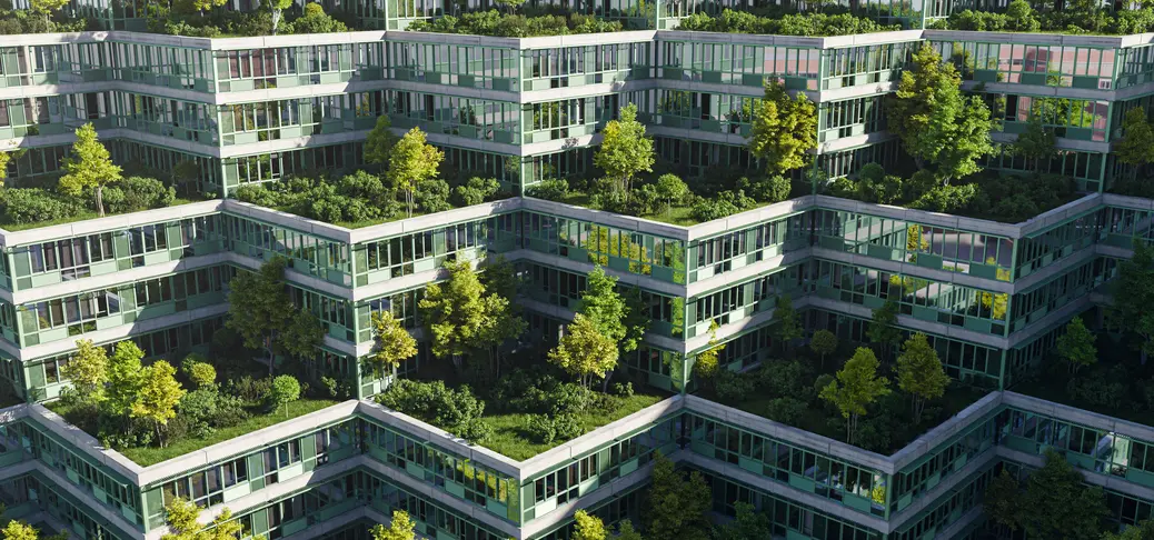 A sustainable green office or housing complex with roof gardens