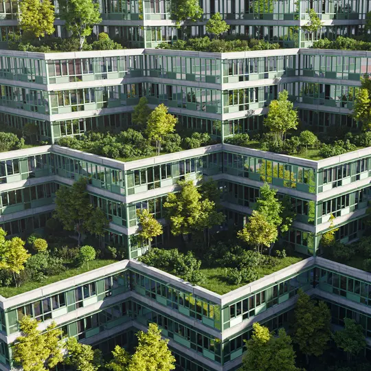 A sustainable green office or housing complex with roof gardens