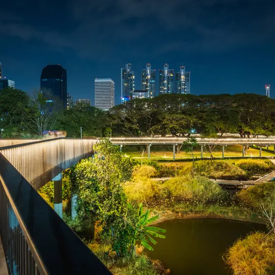 Bangkok City skyline view of Benchakitti Park, Ratchadapisek Road, Khlong Toei business district cityscape at night