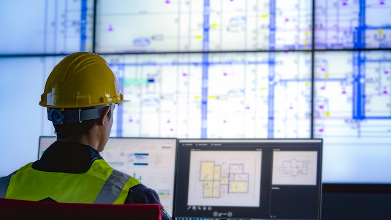 man from behind sitting in hard hat near computer