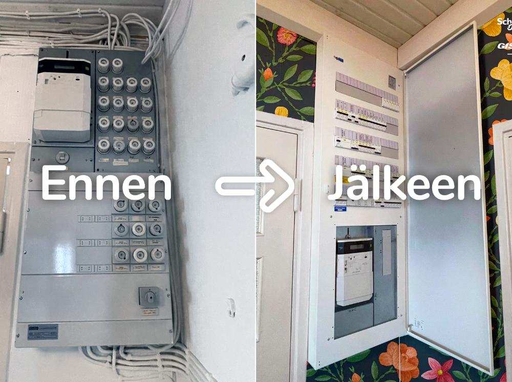 Schneider Electric sähkökaappi ennen ja jälkeen.jpg