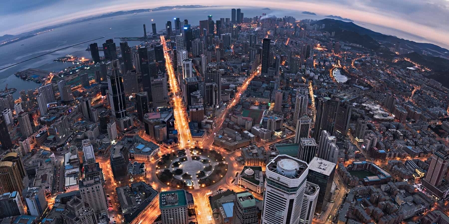 Wide angle aerial view of metropolitan city