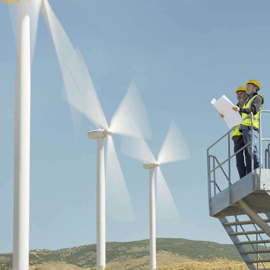 two workers standing in front of windmills