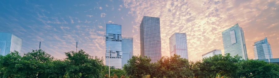 Wide angle view of building during day from a park