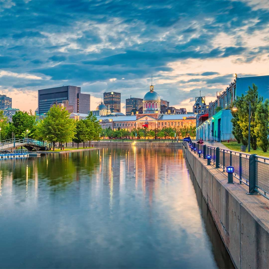 A body of water with a city in the background