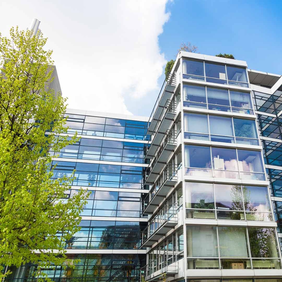 A building with glass windows