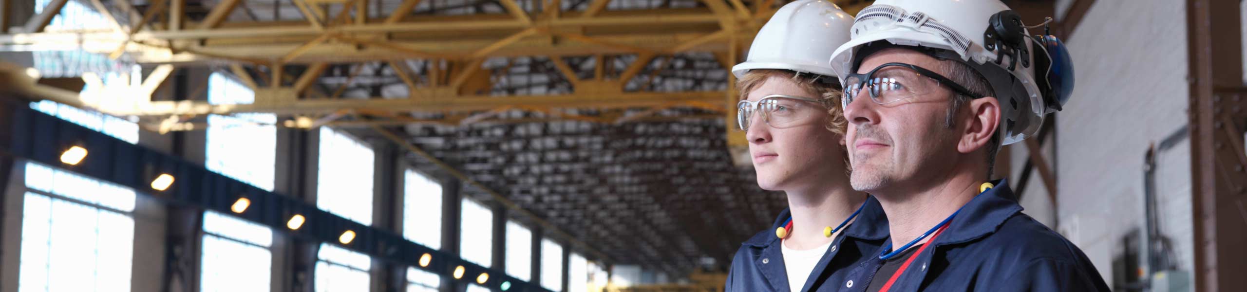 Engineers above turbine hall reviewing plans, industrial automation, machine control, sustainability reporting.