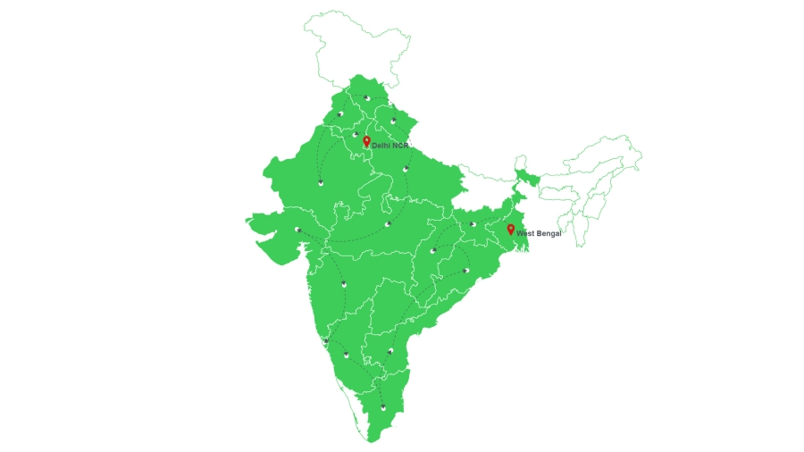 Graphic of Innovation Yatra India Map pointed out Delhi NCR and West bengal