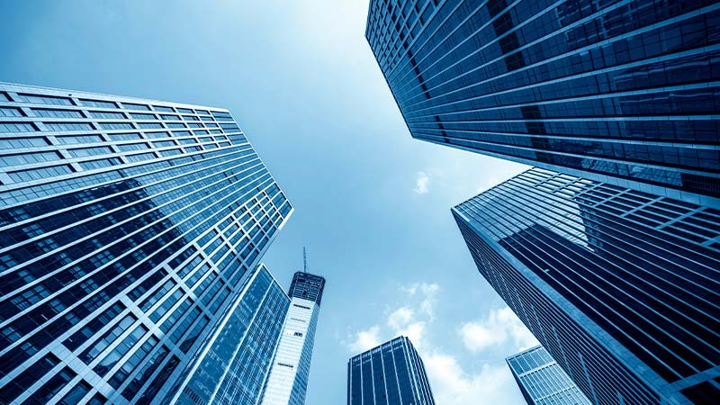 Looking up view of tall buildings