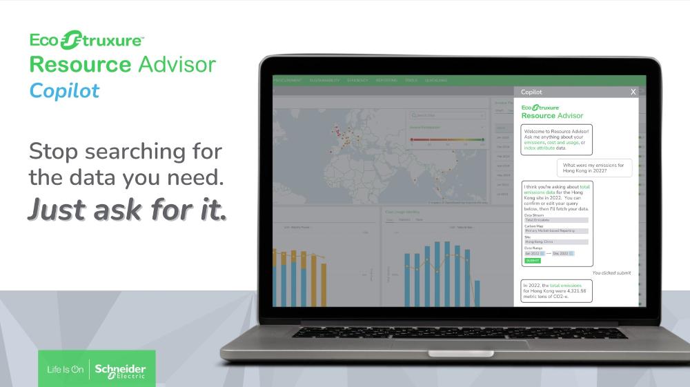 シュナイダーエレクトリック、事業活動の環境負荷を可視化するソリューションに、新たなAIツール「EcoStruxure™ Resource Advisor Copilot」の追加を発表