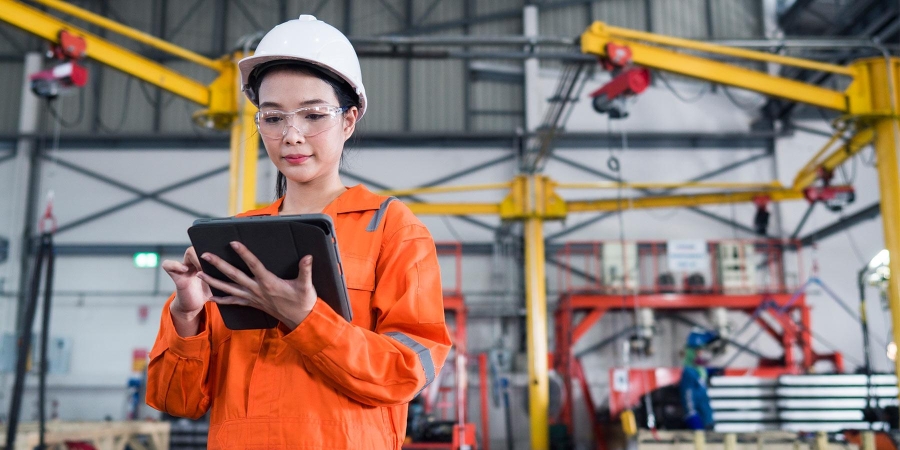 girl with a tablet in the factory