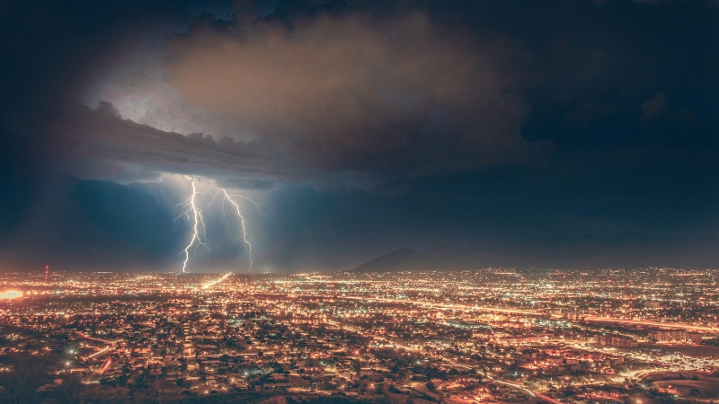 some lightning striking on a city