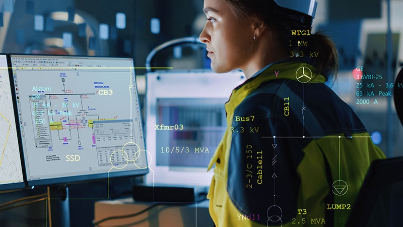 woman sitting near computer looking at plan