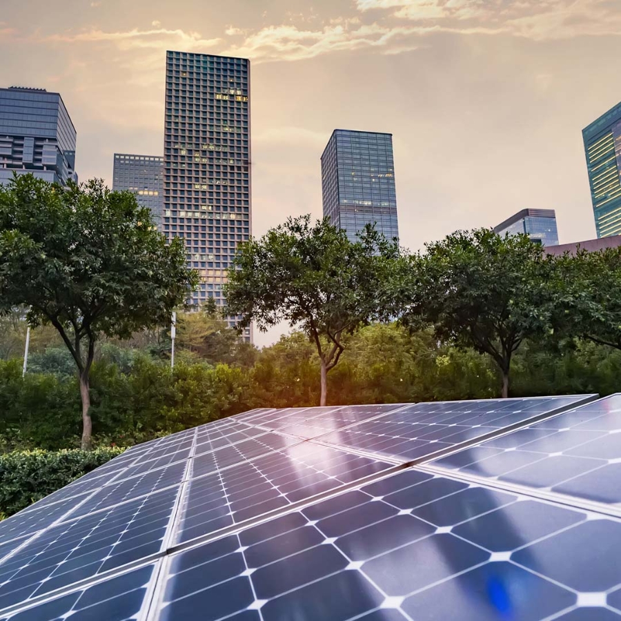 solar panel in front of buildings