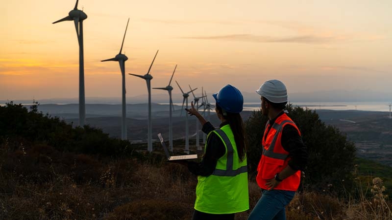 Two individuals in safety vests standing beside wind turbines, representing smart grid solutions for electric utilities.