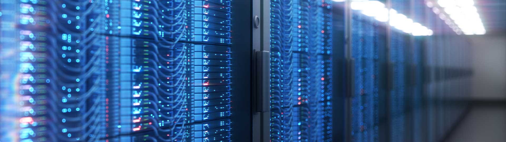 Close-up of server rack panel room with cables, displays and status leds. Computer generated image.