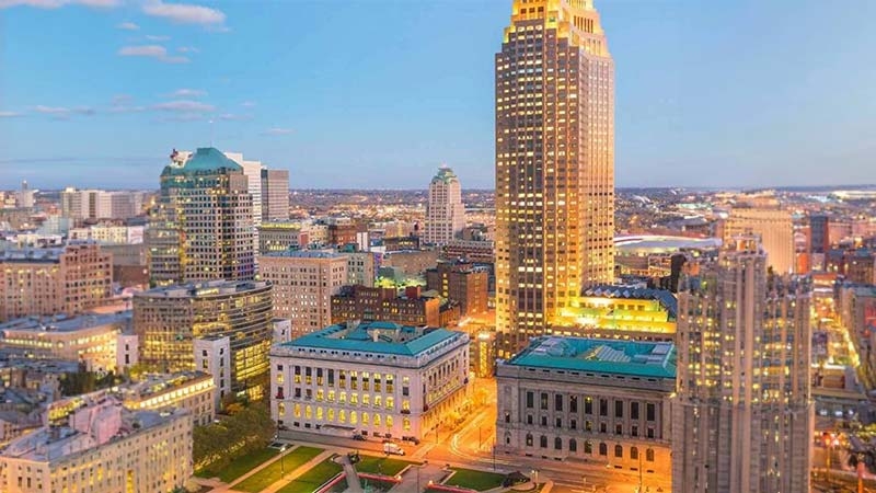 A city skyline with many tall buildings